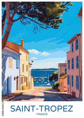 Saint-Tropez France Poster Illustration Travel Print Decor Gift Paper Canvas Wall Retro Art #963062816