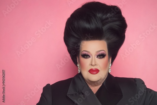 Bold drag queen portrait with extravagant hairstyle makeup photo