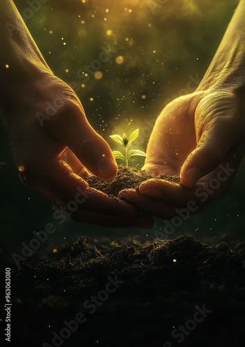 Hands Nurturing a Seedling with Sunlight