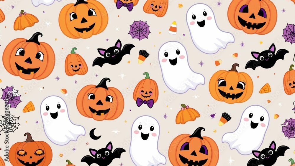 Fototapeta premium Seamless Halloween pattern featuring cute pumpkins, playful ghosts, and bats, perfect for festive decorations, party designs, and spooky seasonal projects.