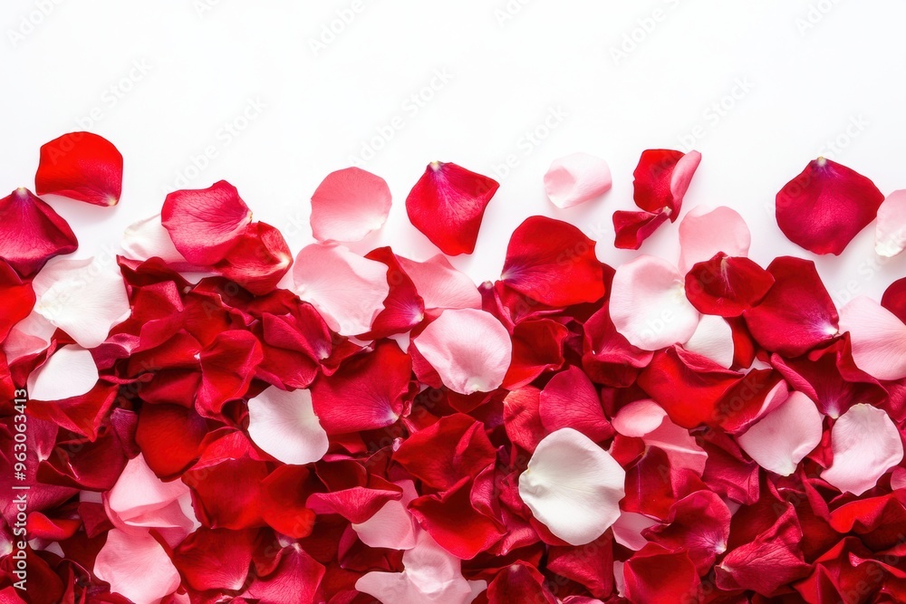Scattered red pink rose petals on white background Scattered red pink rose petals on white background