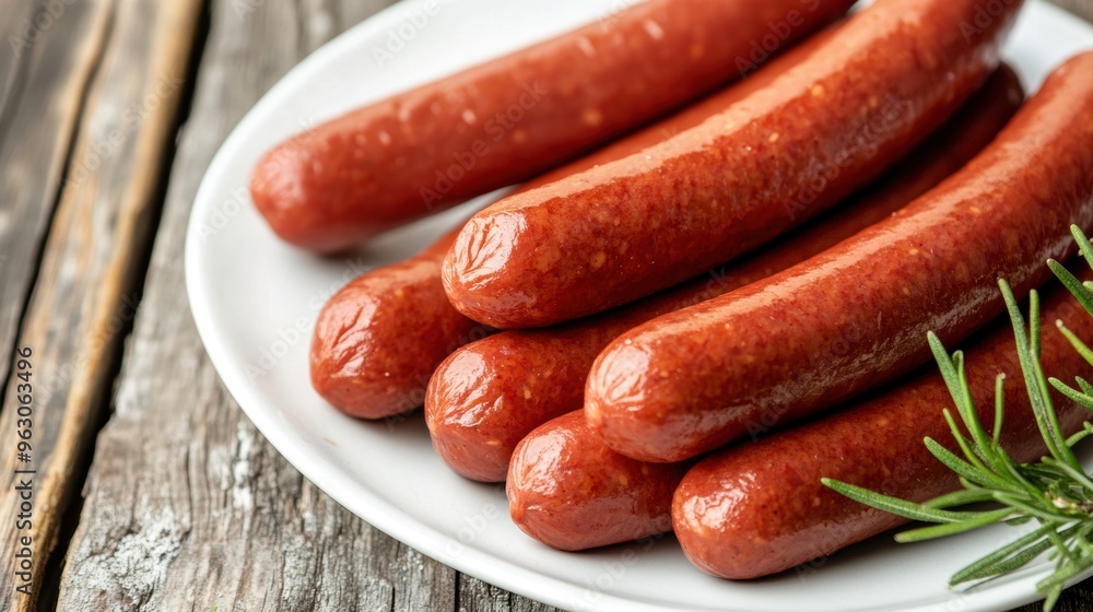 Grilled sausages on white plate with fresh rosemary Grilled sausages on white plate with fresh rosemary
