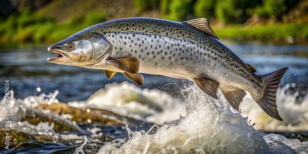 A large silvery fish, its body adorned with distinctive spots, bursts out of the river's calm surface, momentarily A large silvery fish, its body adorned with distinctive spots, bursts out of the river's calm surface, momentarily