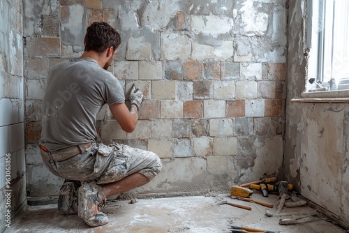 A Construction Worker Installing Tiles