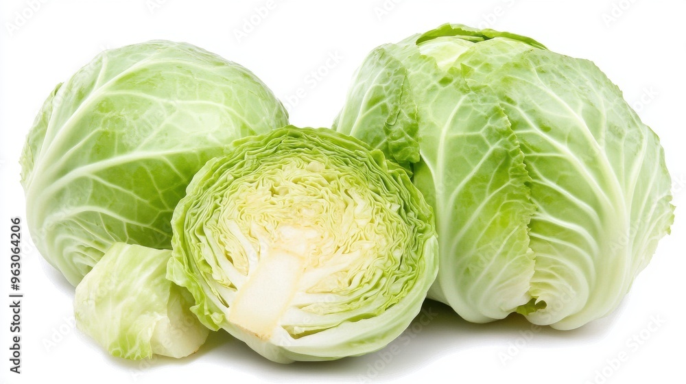 Fresh green cabbage heads isolated on white background