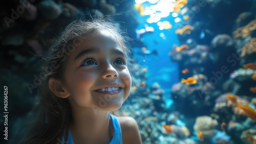 smiling children looking at shark, fish, jellyfish in oceanarium, aquarium, excursion, wildlife, water, underwater world, zoo, child, schoolchild, biology, sea, ocean inhabitants, zoology, ichthyology photo