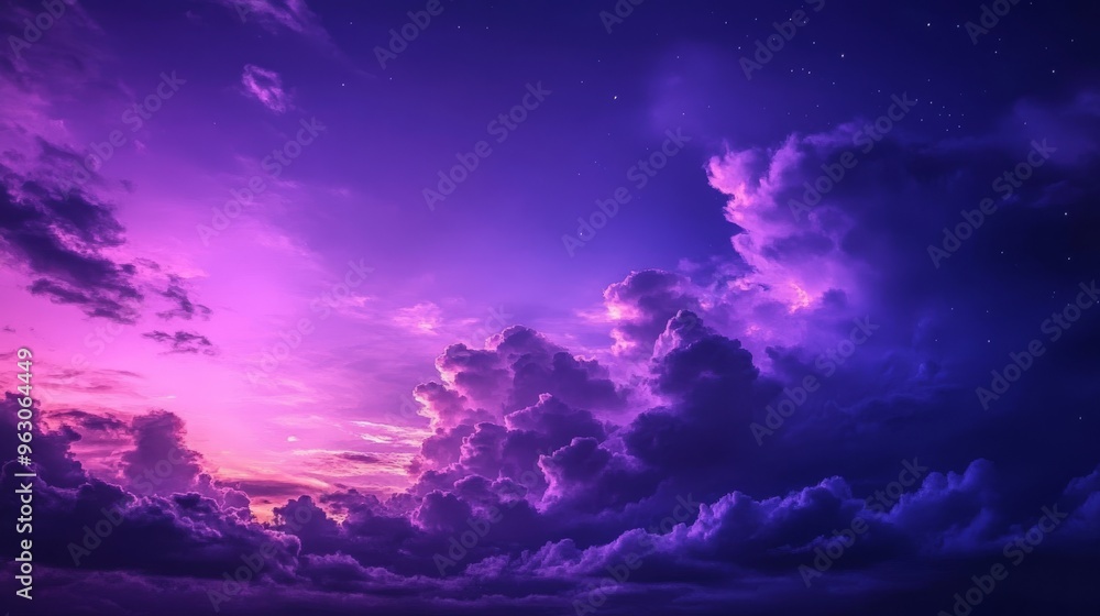 Obraz premium A vibrant purple sky with fluffy clouds and a scattering of stars. .