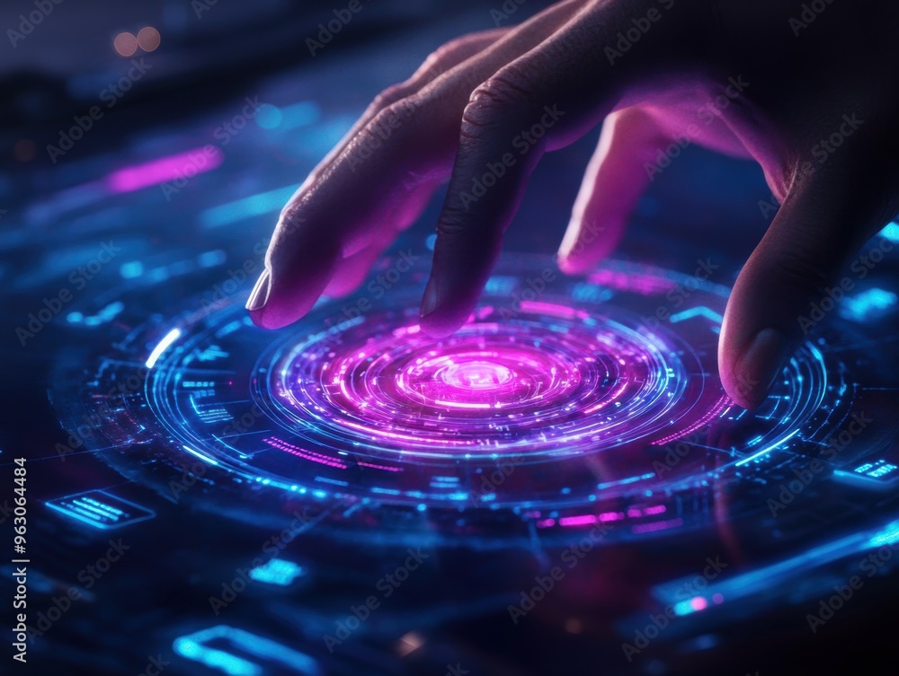 Obraz premium An interactive hologram glowing with neon light, with a user manipulating floating menus in a futuristic setting. 