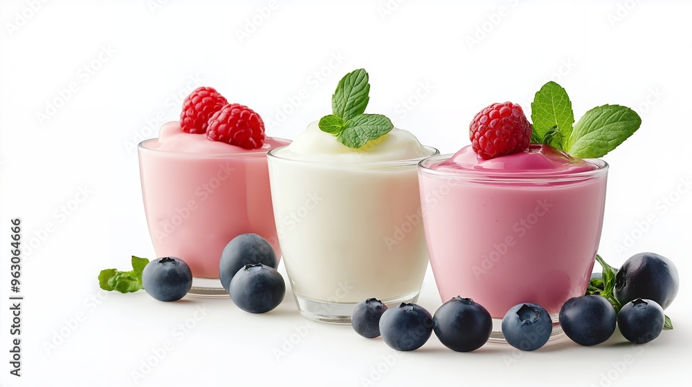 Three glasses of yogurt with raspberries and blueberries on a white background. Three glasses of yogurt with raspberries and blueberries on a white background.