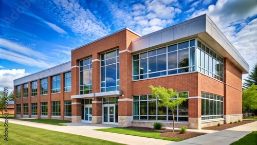 A modern middle school building features a sturdy brick façade, complemented by expansive windows that allow natural