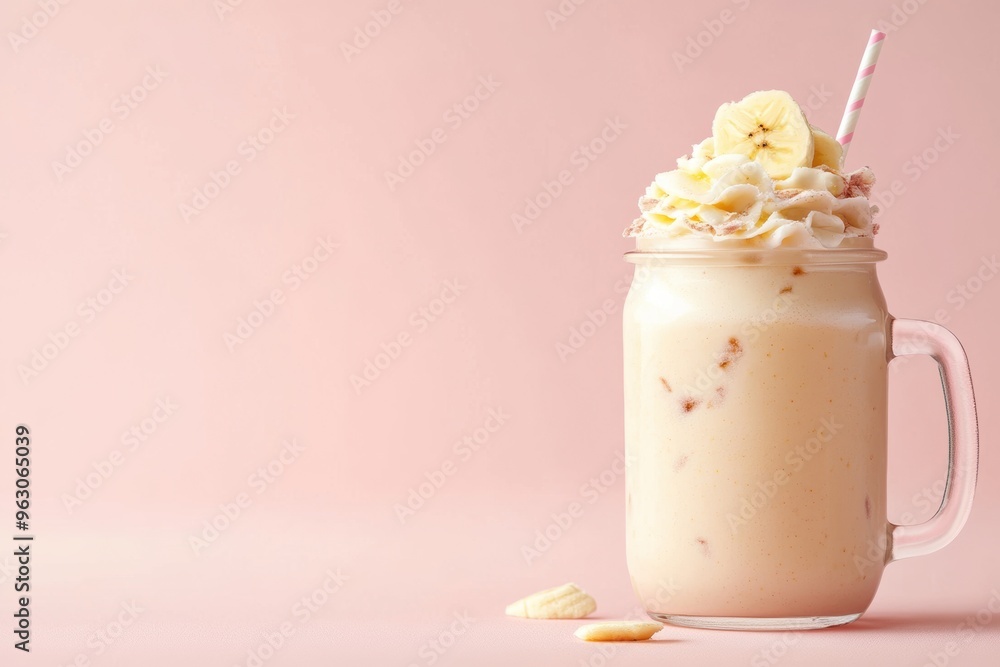 Creamy banana milkshake in mason jar on pink background