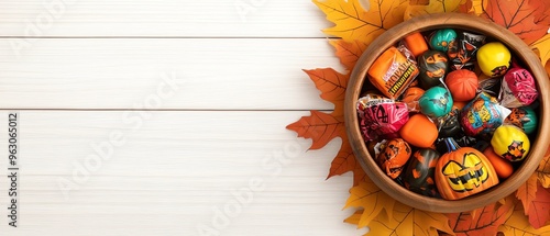 A colorful bowl filled with Halloween candies surrounded by vibrant autumn leaves on a rustic wooden background.