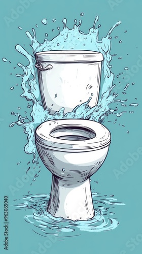 Overflowing toilet with water splash on blue