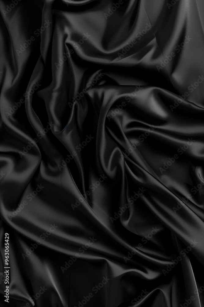 Fototapeta premium Black fabric texture close-up view smooth surface crumpled folded polyester material gray background stark contrast dark hue no text objects central frame