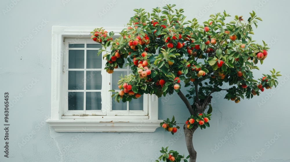 Naklejka premium Ripe beautiful apple fruit on tree with window