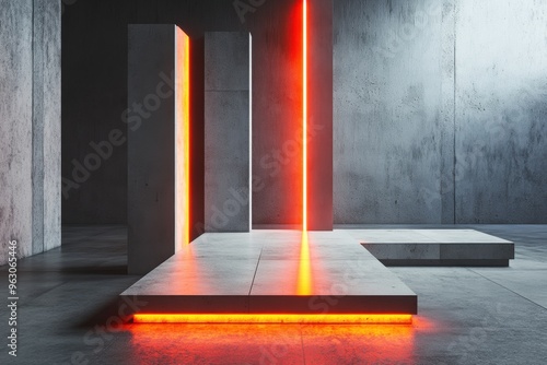 Futuristic concrete interior with glowing red neon lights