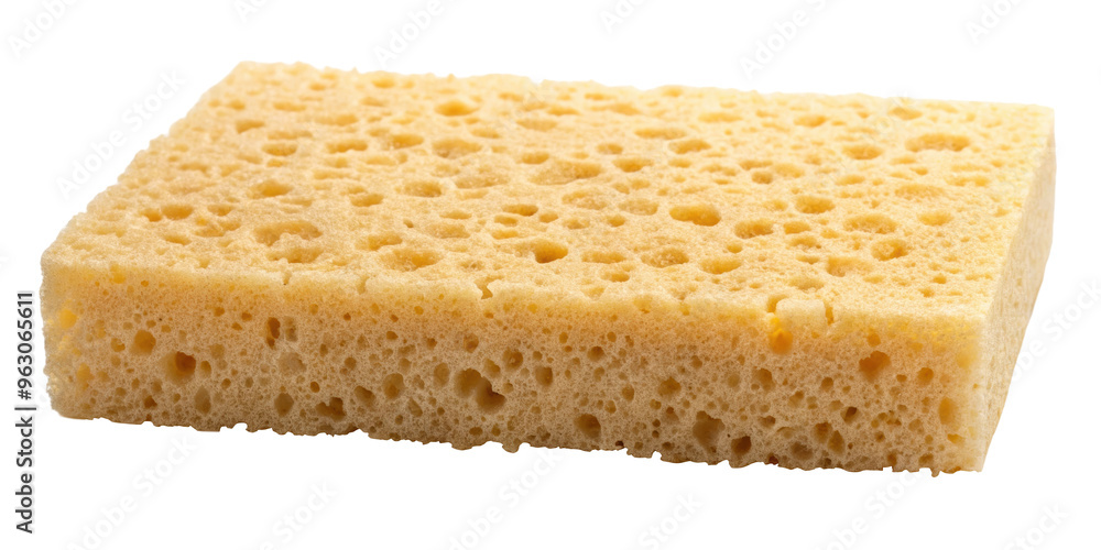 Rectangular yellow sponge with large pores, ideal for cleaning and scrubbing surfaces. Perfect for both household and industrial applications. Isolated on transparent background, png.
