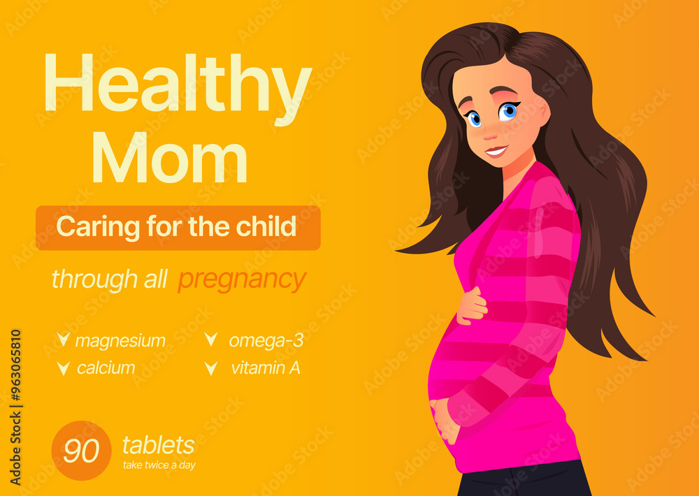 Pregnant girl in cartoon style on an orange background. Design for vitamin packaging Pregnant girl in cartoon style on an orange background. Design for vitamin packaging