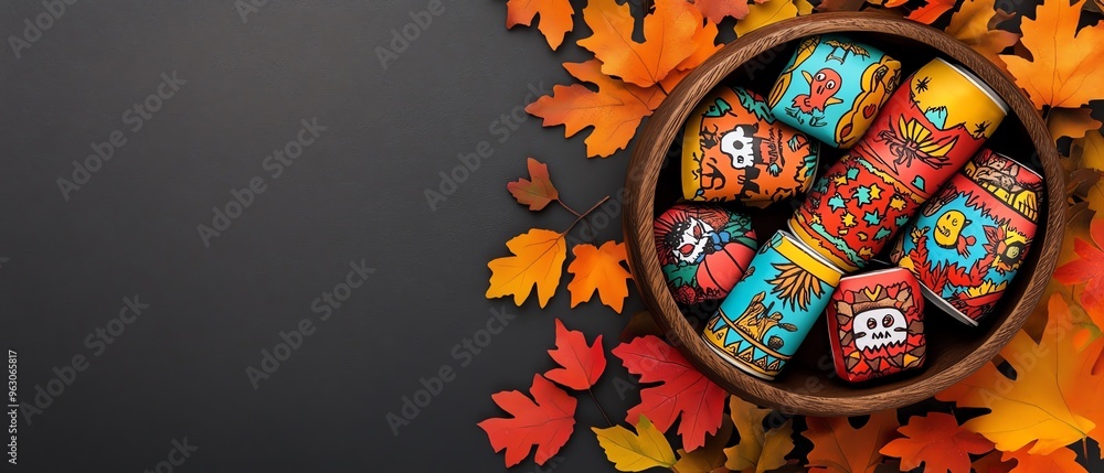 Vibrant decorative items in a bowl, surrounded by colorful autumn leaves, perfect for fall-themed projects and celebrations. Vibrant decorative items in a bowl, surrounded by colorful autumn leaves, perfect for fall-themed projects and celebrations.