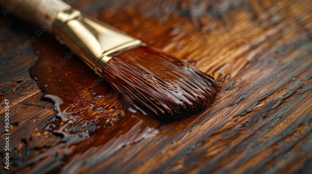 Macro shot of a paintbrush resting on stained wood with wet finish in well-lit studio Macro shot of a paintbrush resting on stained wood with wet finish in well-lit studio