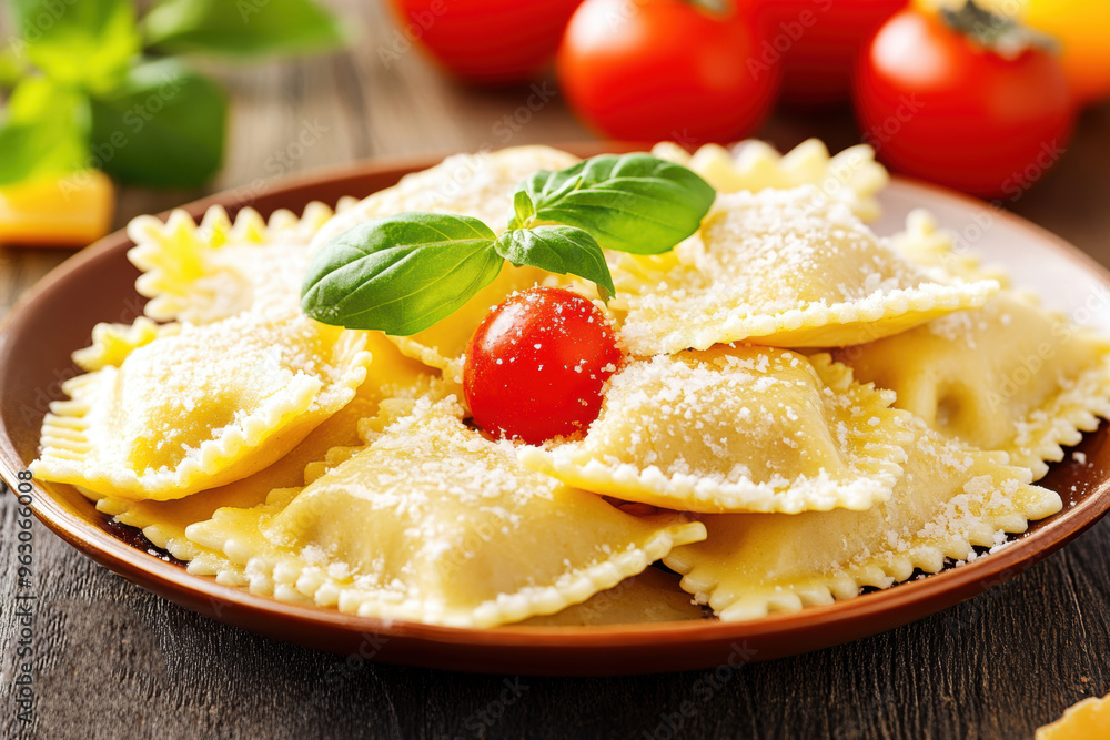 Fresh homemade ravioli pasta with tomato basil on wooden background Fresh homemade ravioli pasta with tomato basil on wooden background