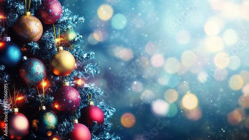 Christmas tree with snow and decorations on a bokeh background. Perfect for festive banners.