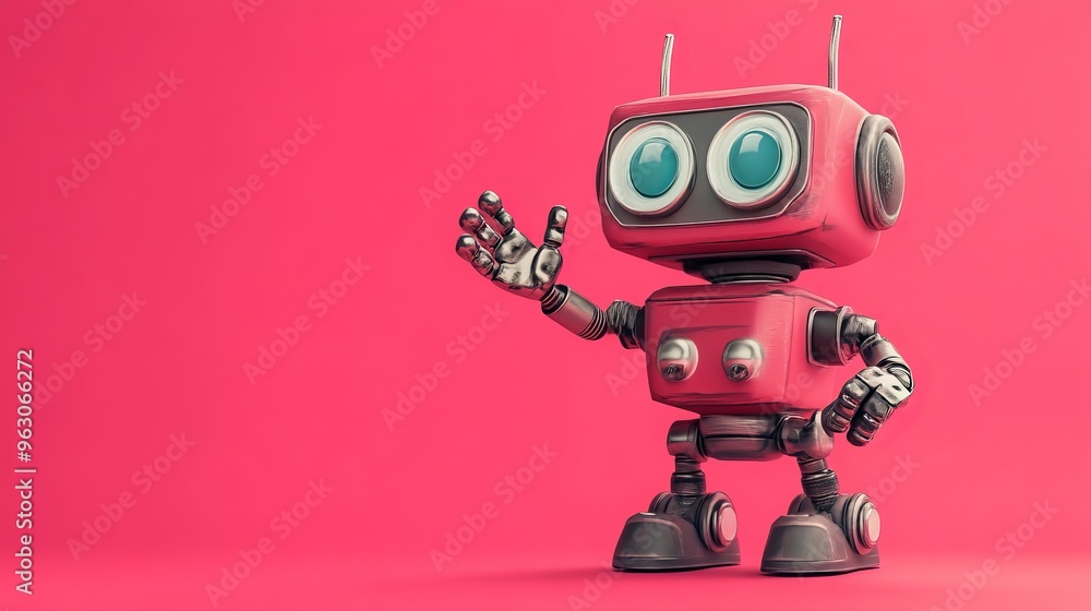 Retro robot waving on pink background, playful Retro robot waving on pink background, playful