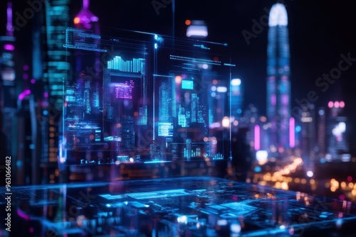 A transparent holographic interface projected in front of a futuristic cityscape, featuring interactive data floating in the air.