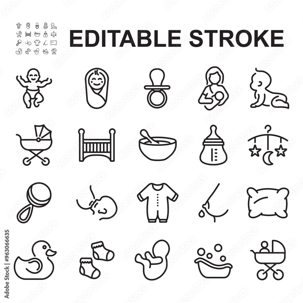 Fototapeta premium Collection of thin line baby icons. Contains icons such as baby crawling, breastfeeding, baby toys.