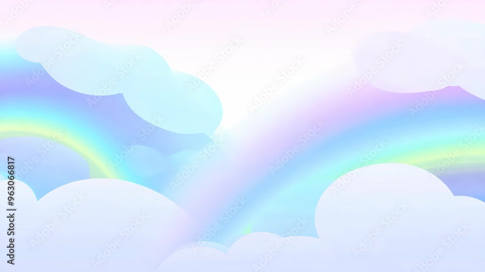 Rising rainbow clouds expanding in soothing floating motion in abstract 2D vector animation