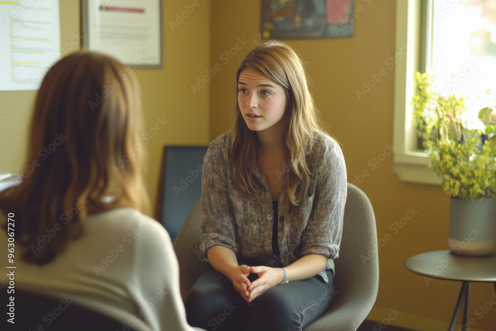 Young woman is discussing her mental health with a counselor in a comforting office setting Young woman is discussing her mental health with a counselor in a comforting office setting