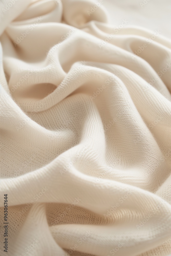 Obraz premium White fabric with subtle wavy texture folded in half reveals intricate pattern. Fabric appears smooth and natural with slight wrinkles. Background blurred to focus on fabric details.