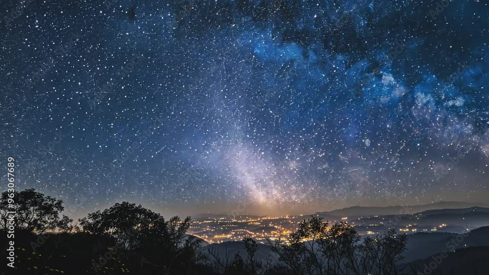 A stunning night sky filled with bright, sparkling stars and a colorful Milky Way, overlooking a distant cityscape with twinkling lights.