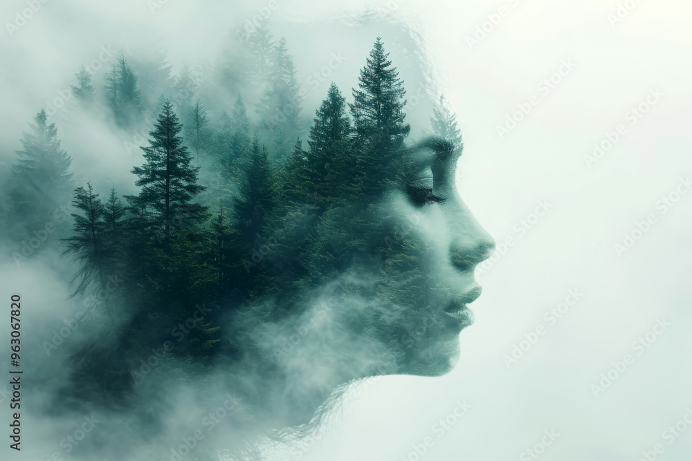 Creative double exposure image blending woman profile with misty forest, evoking sense of nature and introspection, symbolizing connection between human spirit and natural world Creative double exposure image blending woman profile with misty forest, evoking sense of nature and introspection, symbolizing connection between human spirit and natural world