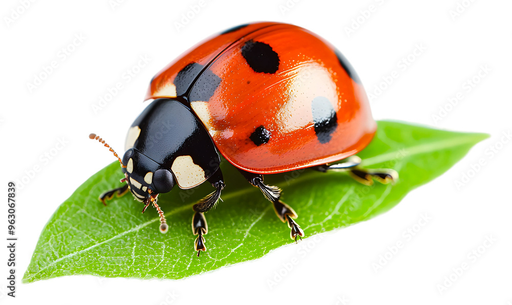 A close-up of a vibrant ladybug resting on a green leaf isolated on transparent background A close-up of a vibrant ladybug resting on a green leaf isolated on transparent background