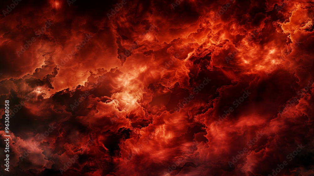 A red sky with clouds and a red sun. The sky is very dark and the clouds are very large A red sky with clouds and a red sun. The sky is very dark and the clouds are very large
