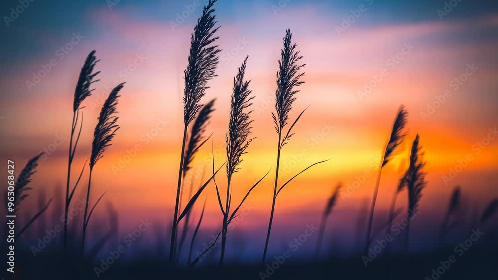 Silhouetted grass at sunset with colorful sky, nature serenity concept Silhouetted grass at sunset with colorful sky, nature serenity concept