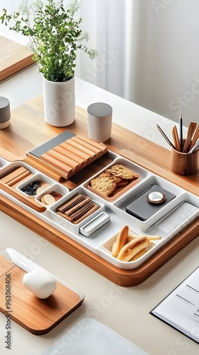 Wooden Tray with Snacks and Office Supplies.