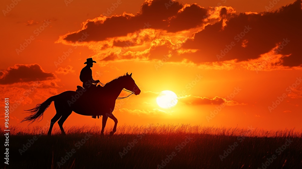 Silhouette of a cowboy riding a horse against a dramatic sunset sky with clouds. Silhouette of a cowboy riding a horse against a dramatic sunset sky with clouds.