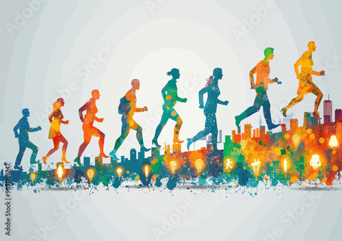 Team Collaboration and Career Growth Illustration with Running Figures and Business Icons in Abstract Vector Style, Business Success Concept