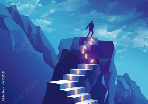 Businessman Climbing Stairs to Success on a Rocky Mountain Peak with Sparkling Steps and Blue Sky, Minimalistic Vector Illustration of Goal Achievement and Long Journey