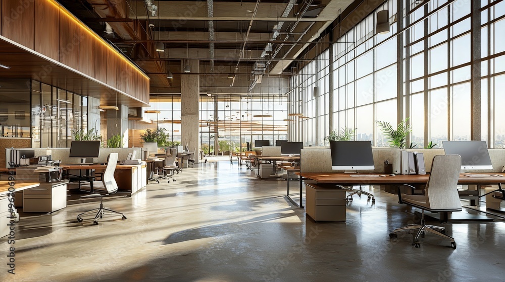 Professional 3D interior rendering of an open-concept office space with modern furniture Professional 3D interior rendering of an open-concept office space with modern furniture
