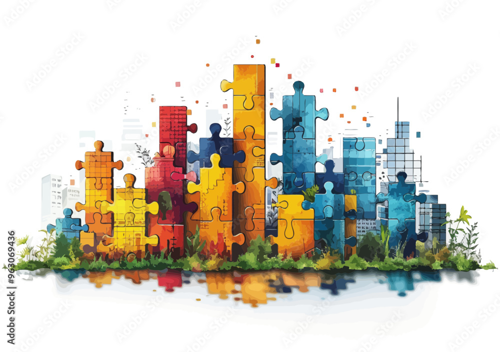 Obraz premium Puzzle Themed Business Success Concept - Building Blocks and Growth in Vector Illustration of Urban Skyline