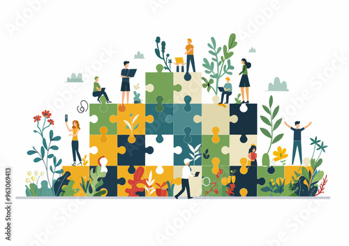 Collaborative Teamwork Concept: People Working Together Solving Puzzle Pieces in Flat Vector Illustration for Human Resources and Problem Solving in a Minimalistic Style