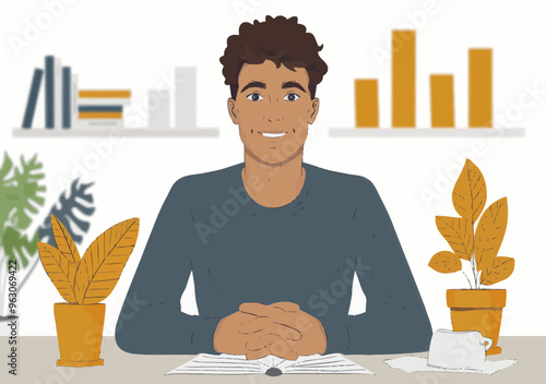 Young Man Explaining Investment Strategy with Financial Growth Charts, Minimalistic Business Illustration, Financial Advice Concept, Vector Art