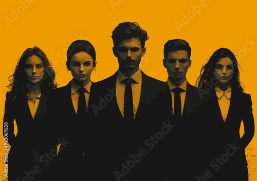 Successful team of five business professionals standing together in minimalist vector style, serious expressions, strong unity, orange background, corporate success, teamwork, and leadership concept