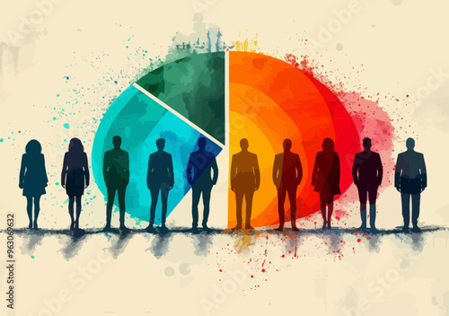 Business Team Dividing Market Share Pie Chart, Minimalist Vector Illustration, Silhouettes of Professionals with Colorful Segments Representing Economic Distribution and Stock Market Analysis
