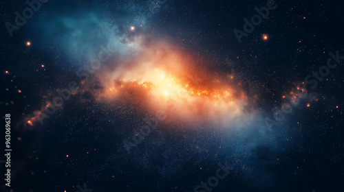 Galaxy exploration through outer space towards glowing milky way galaxy. glowing nebulae, clouds and stars field. Background 