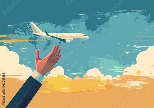 Manager's Hand Guiding Airplane in Sky, Symbolizing Business Startup and Success, Conceptual Vector Illustration, Morning Sky, Motivational and Minimalist Art