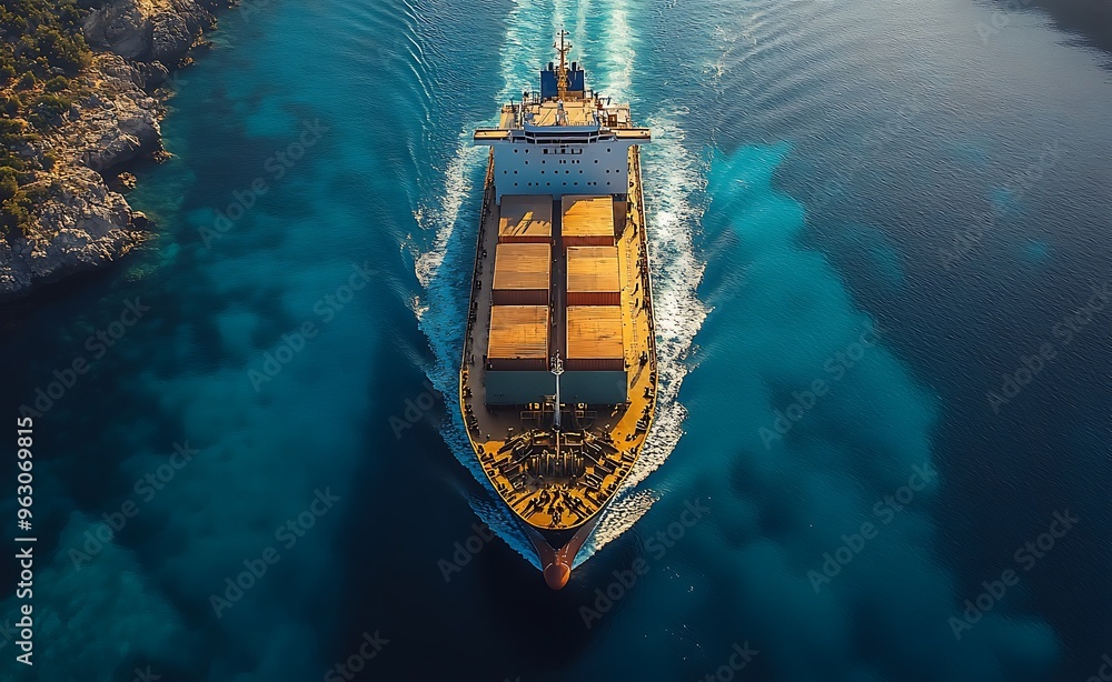Cargo Ship Sailing Through Turquoise Waters Cargo Ship Sailing Through Turquoise Waters
